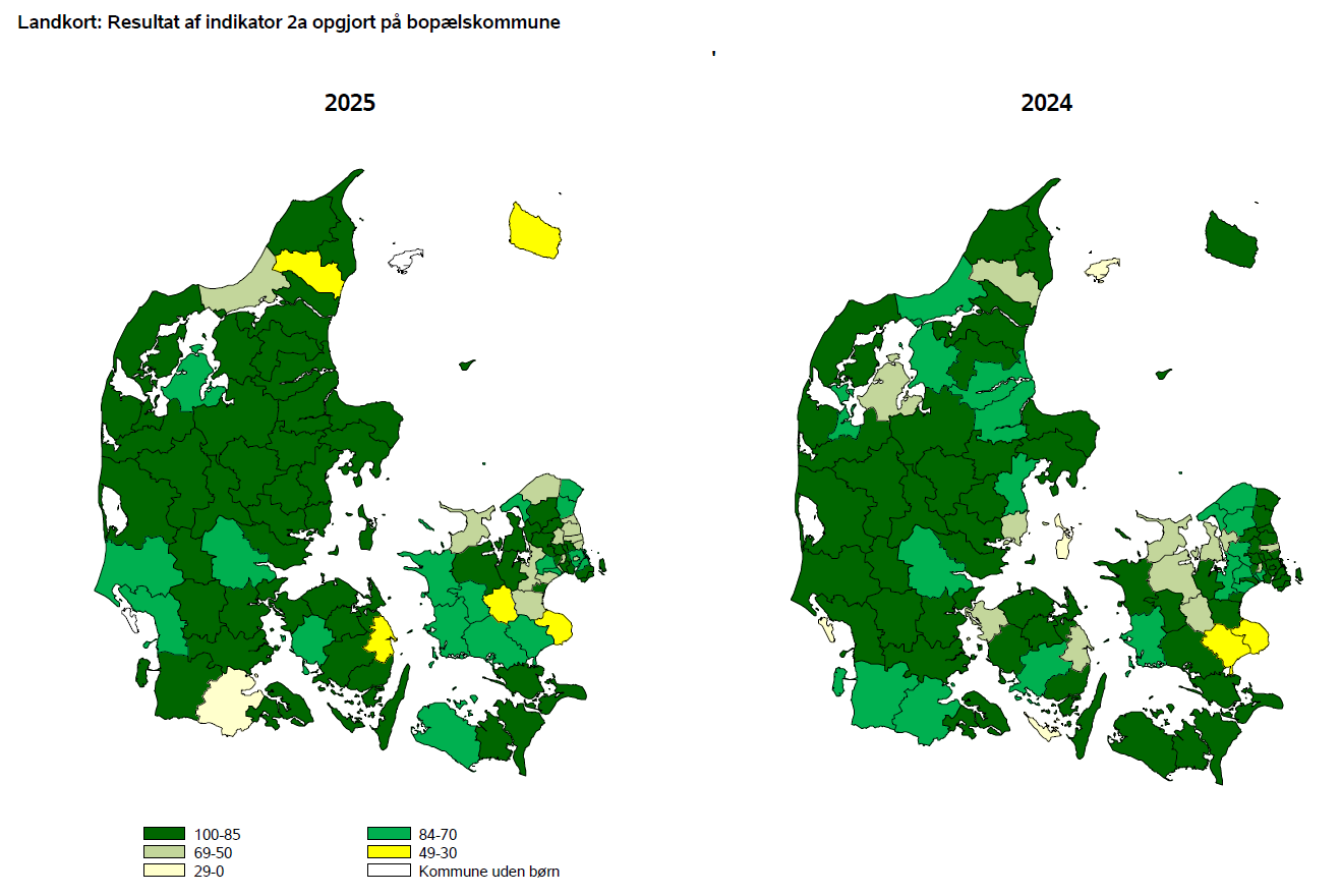 Landkort: Resultat af indikator 2a opgjort på bopælskommune