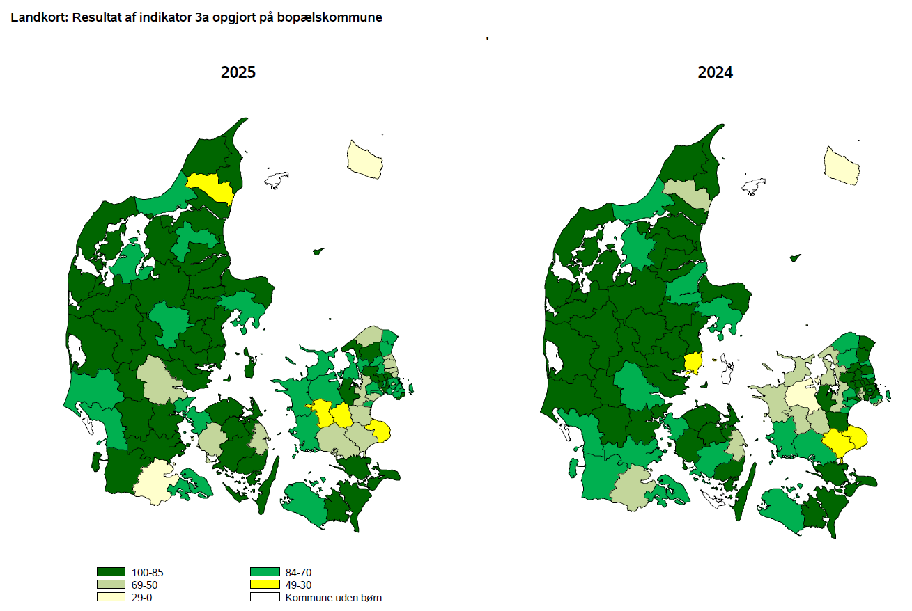Landkort: Resultat af indikator 3a opgjort på bopælskommune