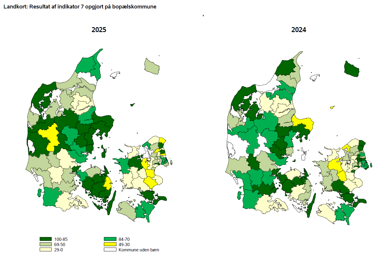 Landkort: Resultat af indikator 7 opgjort på bopælskommune
