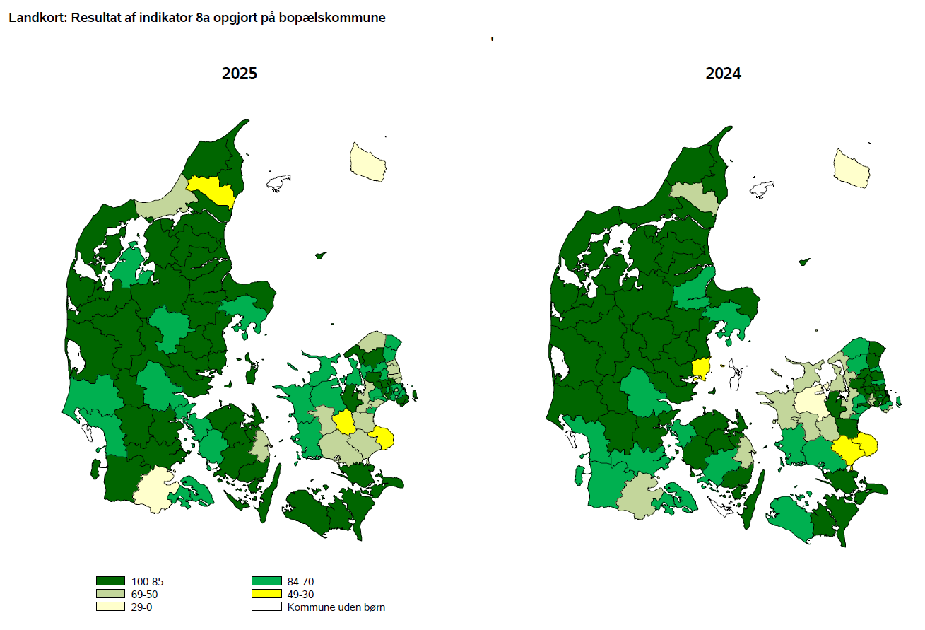 Landkort: Resultat af indikator 8a opgjort på bopælskommune