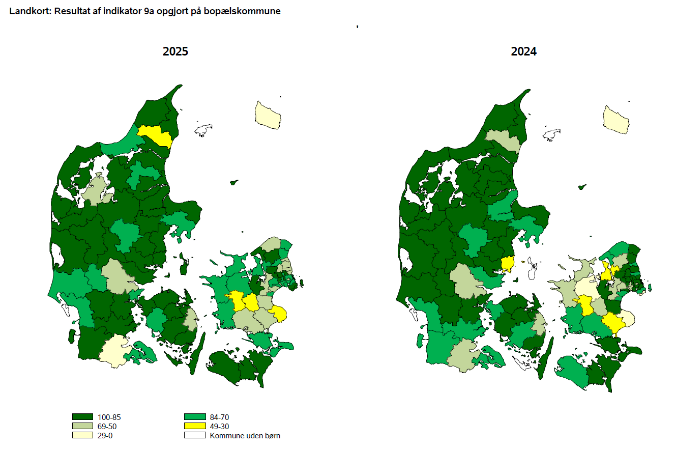 Landkort: Resultat af indikator 9a opgjort på bopælskommune